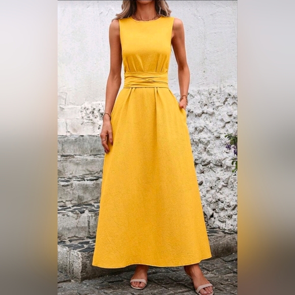 New Textured Cotton High Neck Wrap Tie Waist Maxi Dress Yellow - Picture 2 of 9